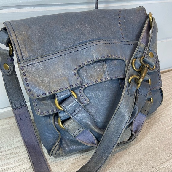 Lucky Brand Abbey Road Foldover Hobo Crossbody Messenger Bag Denim Gray Blue - Picture 4 of 11